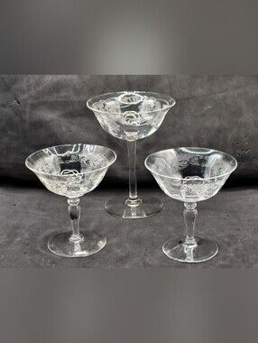 Vintage Etched Glass Champagne Coupe Sherbet Glasses Set of 3 Scroll Pattern SEE